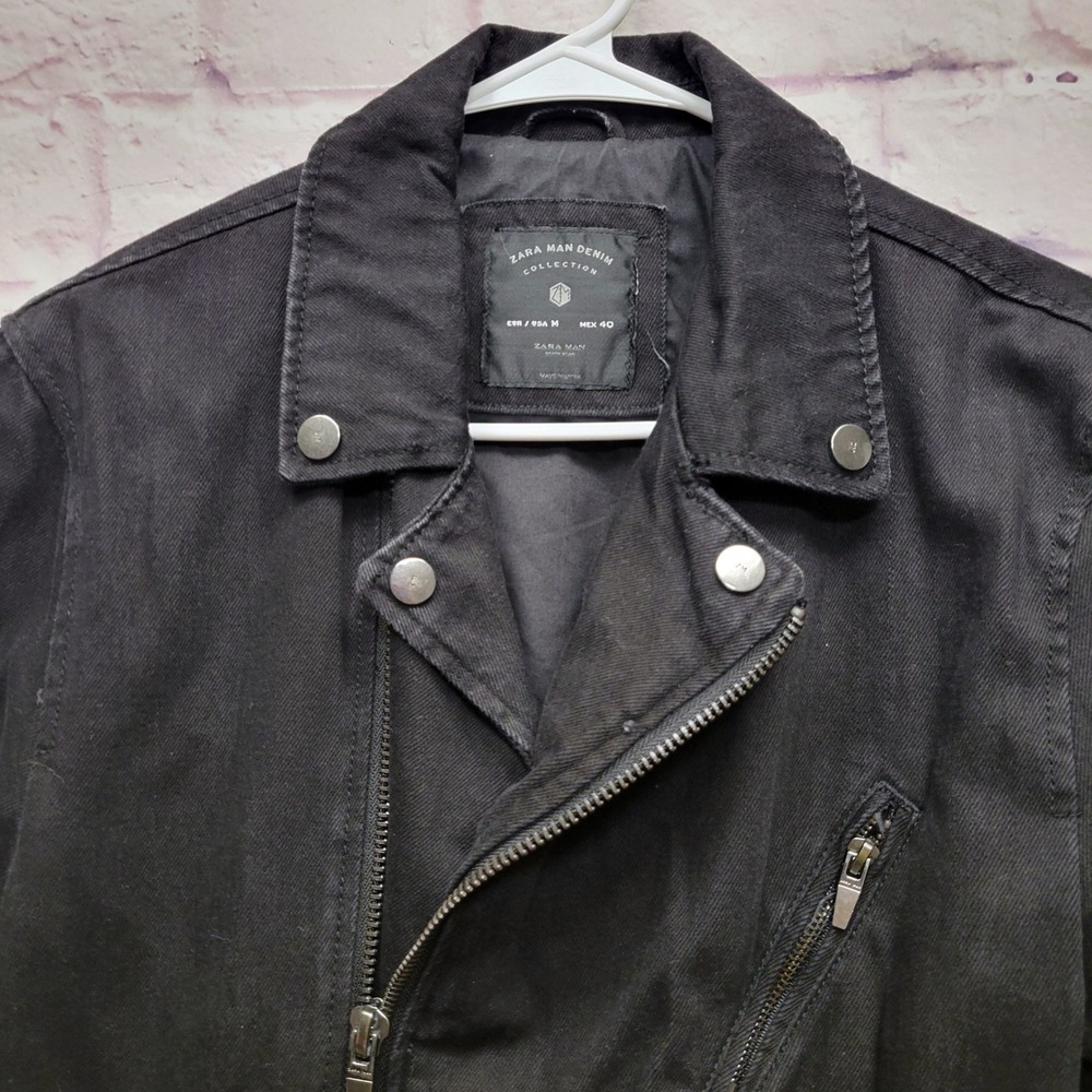ZARA Man Denim Black Moto Jacket Mens M New Culture Biker Grunge Streetwear Punk - Picture 3 of 9